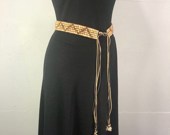 wood bead belt boho leather belt seashell trim adjustable hippie belt