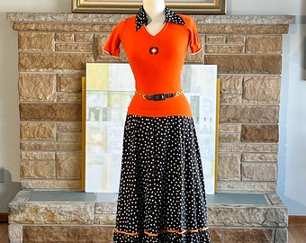 L M Luis Mari Nice Cote D'Azur made in France 70s vintage maxi black polka dot skirt orange trim layered resort skirt