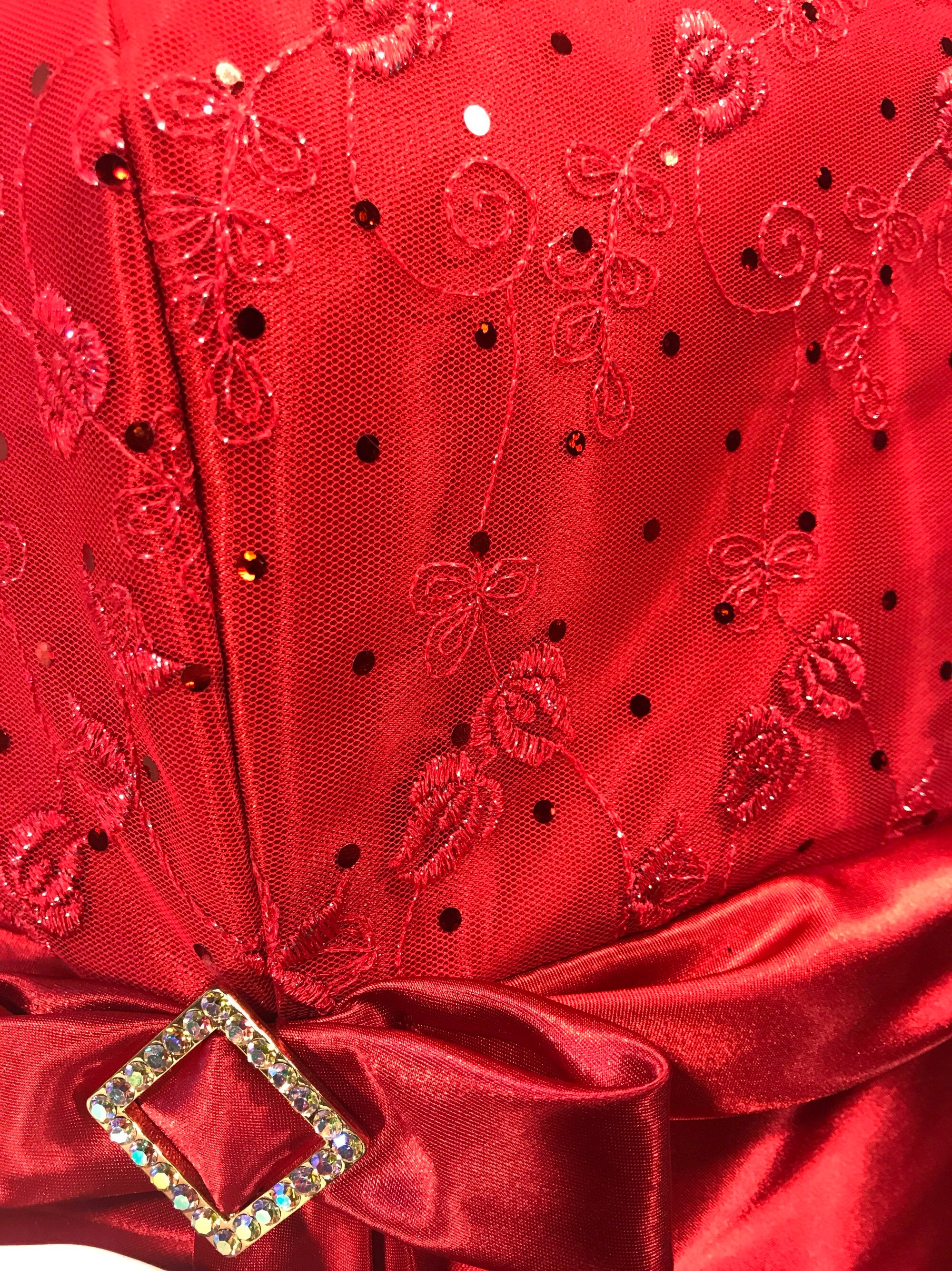 80's/90's Red Strapless Slinky Embroidered Gown by Jessica McClintock