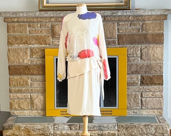 80s's Karie Patterson Sansappella Madeleine boutique cream silk dress with clear sequins overlay batwing sleeves waist  side tie belt detail