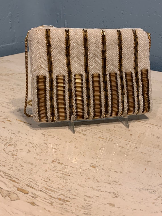 60s Ivory beaded evening bag gold sprial chain be