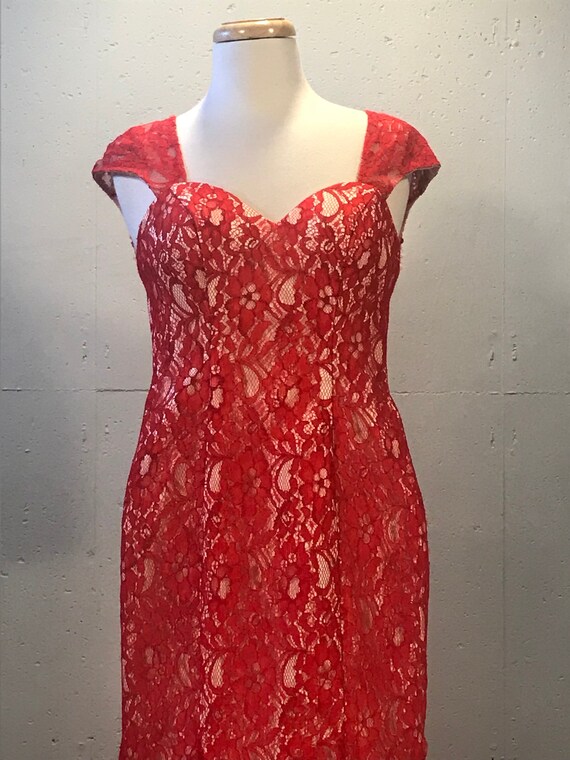 90s Scarlet lace fitted gown red prom dress merma… - image 3