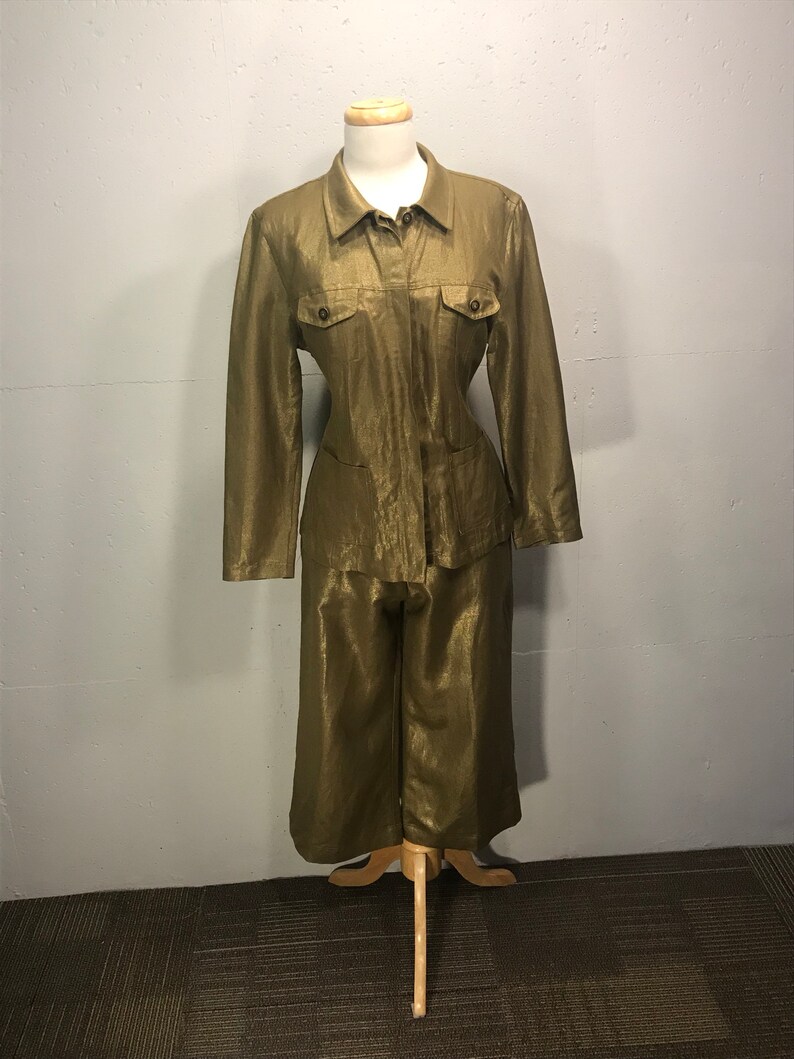 80s Fibers by Barbara Lesser olive pant suite with military style fitted jacket drawstring gaucho pants resort pantsuite retro suite