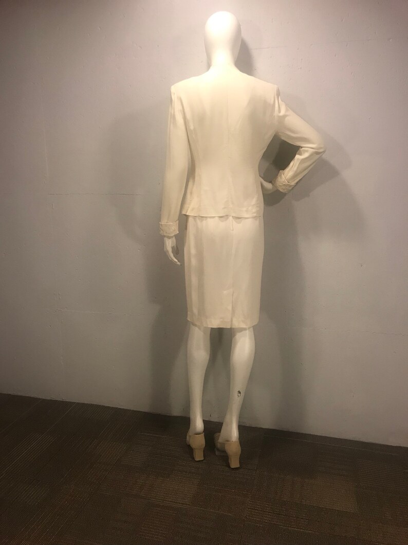 80s Louis Snyder for Dani Max ivory suite wedding two piece suite fitted cream suite winter white jacket embroidered lapel and cuff