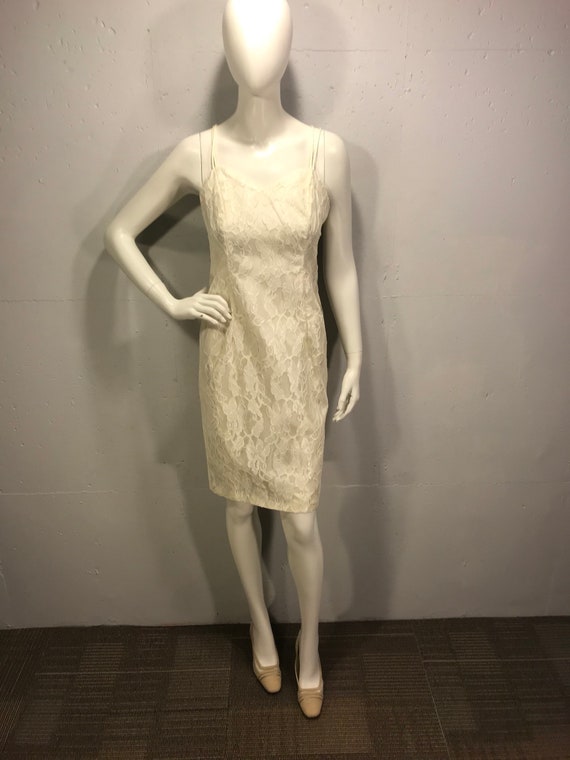 80s Lace dress, spaghetti straps lace dress, ecru