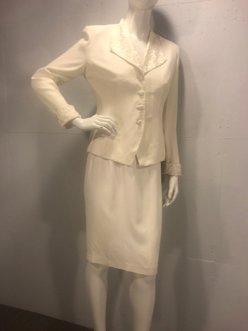 80s Louis Snyder for Dani Max ivory suite wedding two piece suite fitted cream suite winter white jacket embroidered lapel and cuff