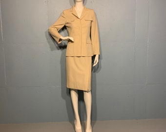 90s Anne Kline 2 tan pinstripe suite fitted jacket skirt corporate woman's board room desiginer menswear suite natural tan smart suite