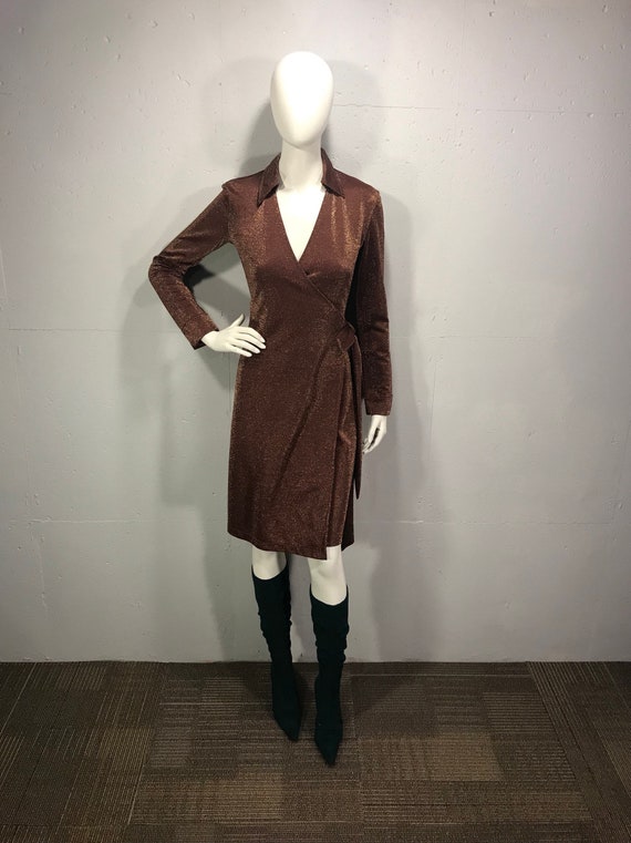 70s Express metallic wrap dress bronze sparkle dr