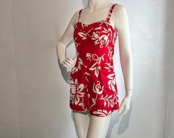 50's Diamond Head Sportswear International Marketplace Waikiki red  floral romper/one piece swimsuit