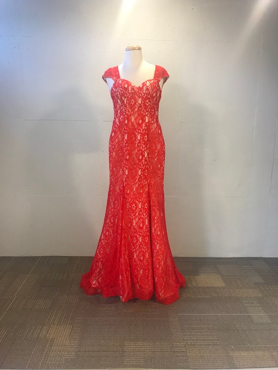 90s Scarlet lace fitted gown red prom dress merma… - image 1