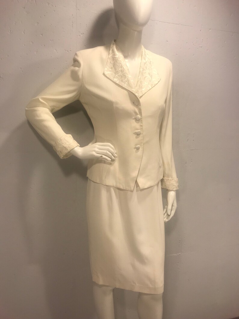80s Louis Snyder for Dani Max ivory suite wedding two piece suite fitted cream suite winter white jacket embroidered lapel and cuff