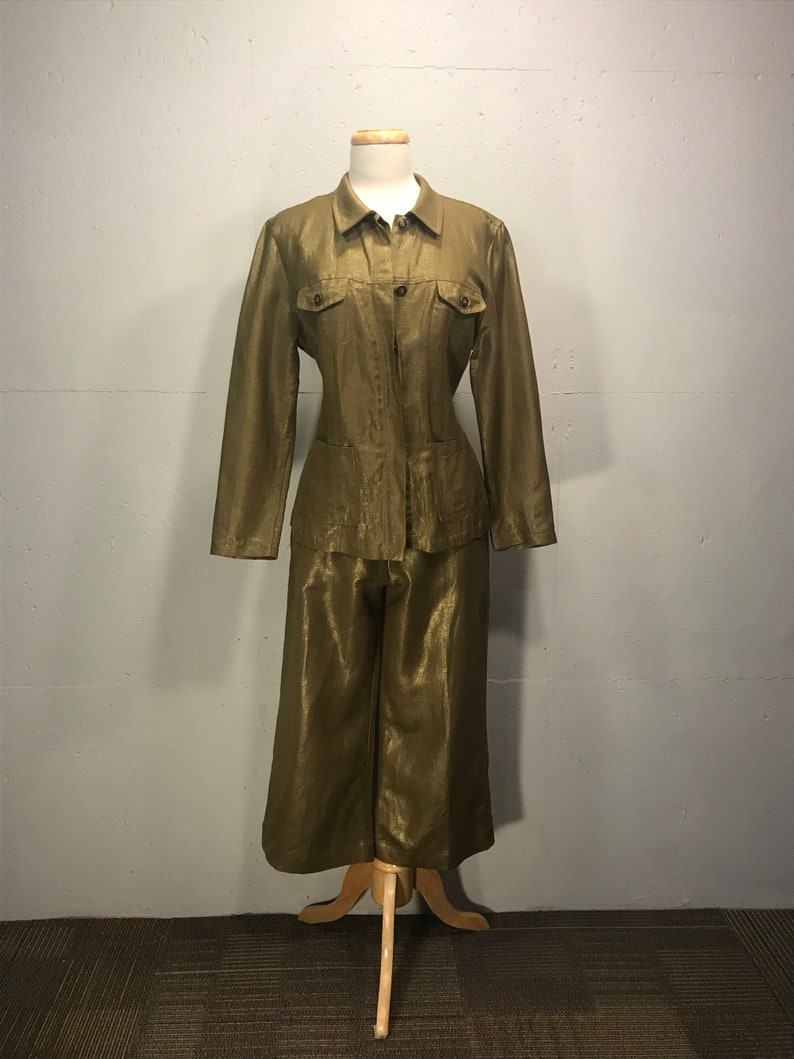 80s Fibers by Barbara Lesser olive pant suite with military style fitted jacket drawstring gaucho pants resort pantsuite retro suite