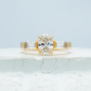 Oval Cut Lab Grown Diamond Engagement Ring | Baguette Side Stones | Yellow Gold Bar Set Three-Stone Ring | UK Handmade