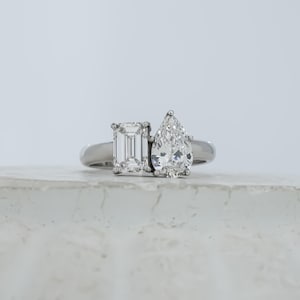 Two Stone Toi et Moi Ring with Emerald Cut & Pear Cut Diamonds | Modern Bypass Engagement Ring | 14K/18K Gold or Platinum