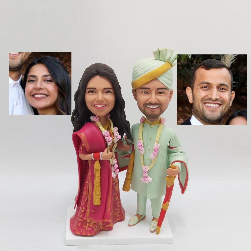 Personalized Indian Couple Bobbleheads, Custom India Bobblehead, Custom Couple Bobbleheads, Custom indian wedding cake topper，couple wedding