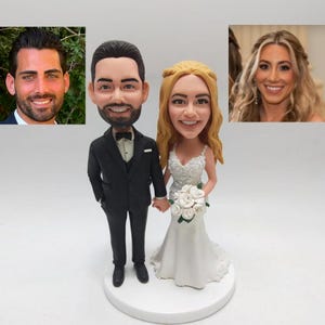 Custom Wedding Cake Toppers, PersonalizedWedding Couple Bobbleheads, Wedding Favors for Suit and Gown Couples.Custom Happy Couple Statues