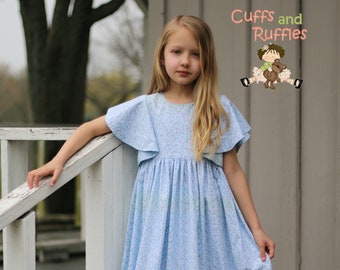 Girls Blue Floral Maxi Dress, Flutter Sleeve Prairie Style, Cotton Handmade Gown