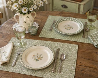Handmade Reversible Sage Floral Placemats, Cottage Kitchen Decor