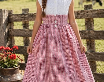 Girls Red Gingham Prairie Dress | Embroidered Eyelet Bodice, Cotton Twirl Dress, Matching Bow