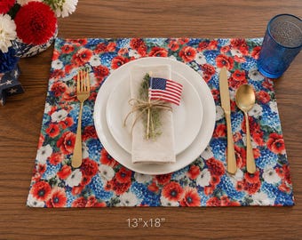 Reversible Patriotic Floral Placemat, Americana Farmhouse Summer Table Decor (18"x13")