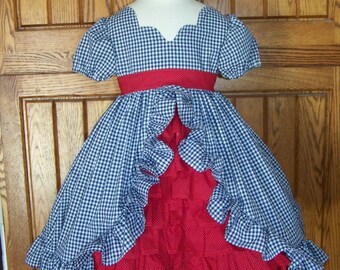 Emily Navy Gingham with Red Ruffled Panel