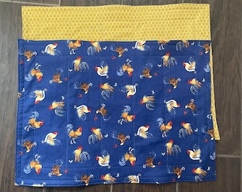 Handmade Quilted Rooster Placemats, Farmhouse Rooster Table Decor, Reversible Country Kitchen Mats