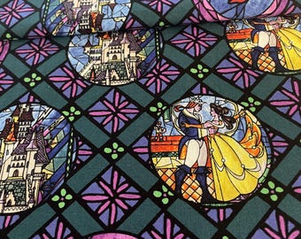 Beauty and the Beast stain glass fabric, Disney fabric, children’s fabric.