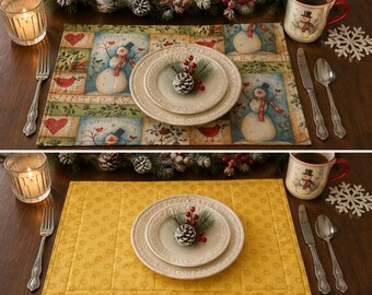 Reversible Snowman Cardinal Placemats, Primitive Winter Table Decor, Handmade Cozy Kitchen Runner