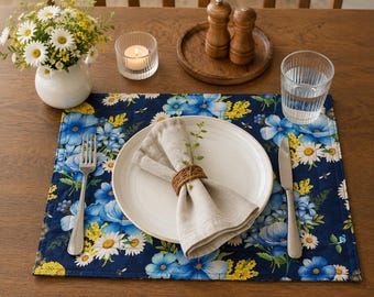 Blue Wildflower Quilted Placemat | Reversible Cottage Garden Table Decor