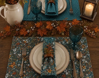 Reversible Teal Woodland Placemat | Quilted Cotton Autumn Table Decor