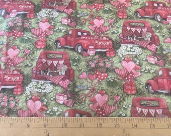 Susan Winget Valentine Fabric, Red Truck Hearts Cotton By Yard