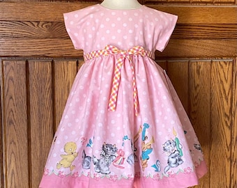 Vintage Girls Birthday Dress: Pink Polka Dot & Frog Print