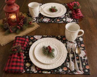 Reversible Christmas Placemats, Santa Print, Green Gold Stars, Red Black Check Table Decor