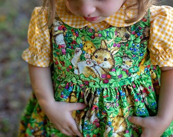 Infant pinafore, pinafore with cute animals, baby pinafore, pinafore with bunnies, pinafore for baby, baby pinafore with bunny and duck