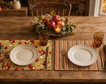 Reversible Fall Placemats with Apples and Chickadees – Handmade Quilted Autumn Farmhouse Table Décor