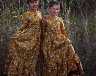 Girls Mustard Floral Prairie Dress, Long Sleeve, Vintage Style, Handmade Clothing