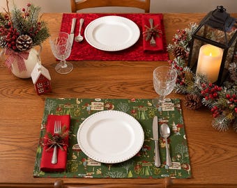 Reversible Christmas Placemats | Santa’s Tree Farm Holiday Table Mats | Farmhouse Decor