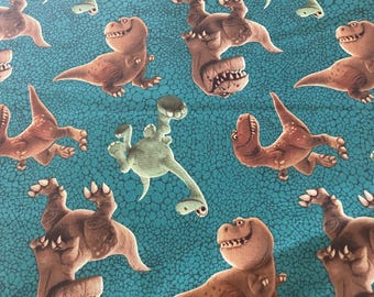Dinosaurs on teal background, quilting fabric, 100%cotton