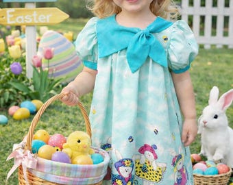 Handmade Easter Bunny Dress: Vintage Print, Aqua Bow, Puff Sleeves