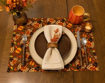 Reversible Thanksgiving Turkey Placemat, Autumn Harvest Table Decor, Farmhouse Fall Setting