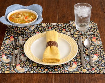 Farmhouse table decor, Country kitchen placemat, Quilted reversible chicken and floral table linen