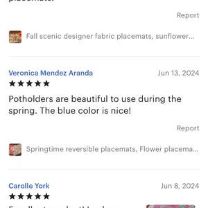 May include: Five star reviews for handmade placemats and potholders. The reviews highlight the quality and craftsmanship of the products. One review mentions a sunflower design, another mentions a blue color, and a third mentions a patchwork design.
