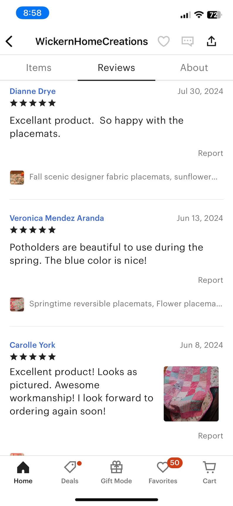 May include: Five star reviews for handmade placemats and potholders. The reviews highlight the quality and craftsmanship of the products. One review mentions a sunflower design, another mentions a blue color, and a third mentions a patchwork design.