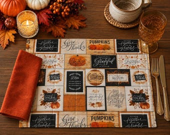 Reversible Harvest Placemats | Burnt Orange Cotton, Thanksgiving Table Decor