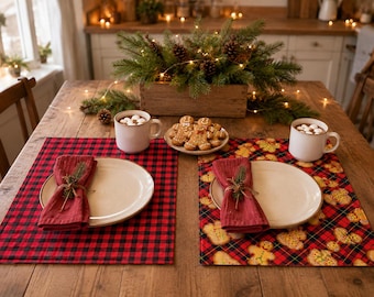 Reversible Gingerbread Christmas Placemats, Red Black Buffalo Plaid placemats