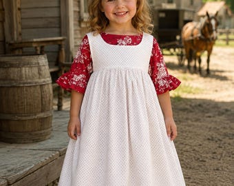 Girls White Red Pin Dot Pinafore Apron, Vintage Inspired Overdress