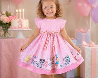 Vintage Girls Birthday Dress: Pink Polka Dot & Frog Print