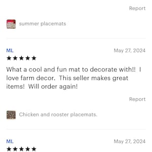 May include: Five star reviews for farmhouse style placemats. The reviews highlight the quality and fun designs of the placemats. The placemats feature a chicken and rooster design, a farm truck design, and a summer design.