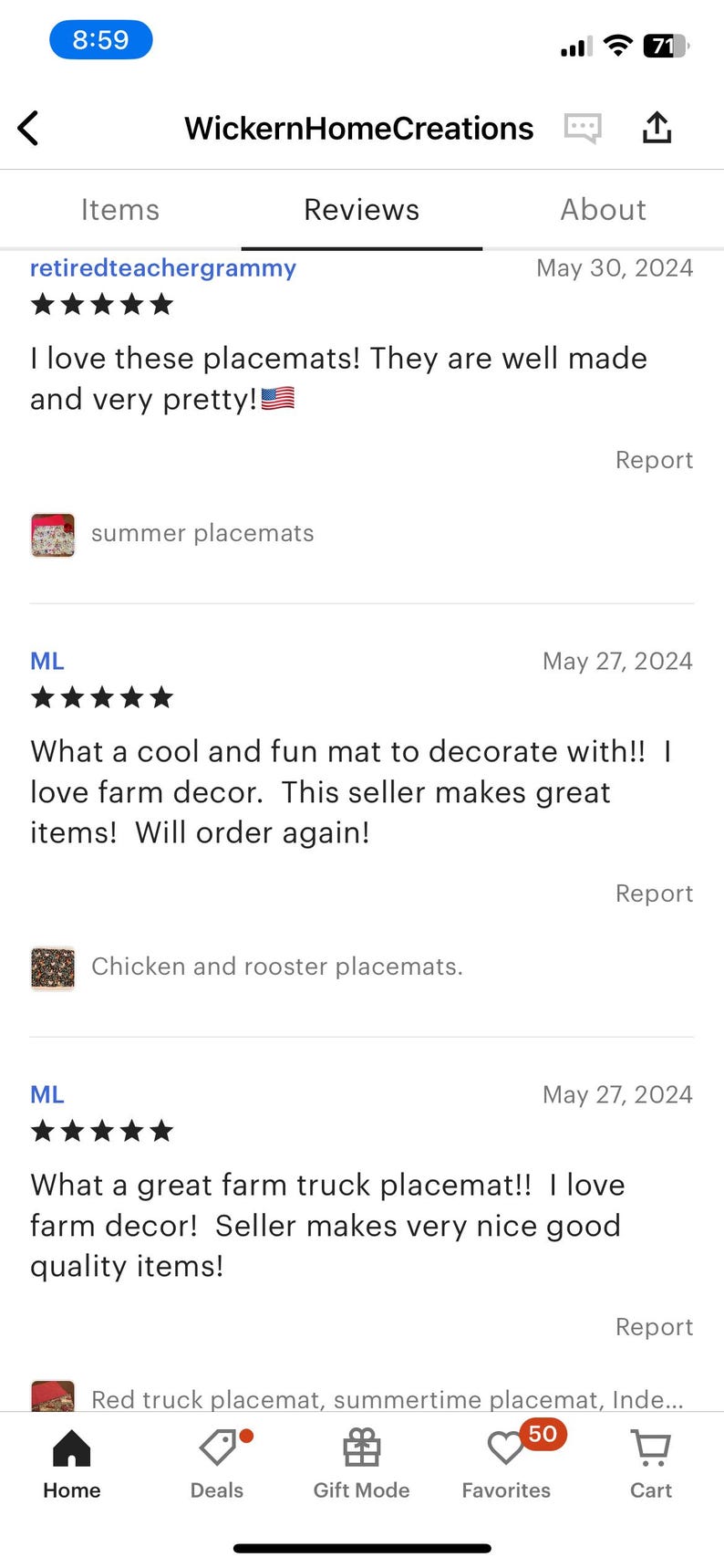 May include: Five star reviews for farmhouse style placemats. The reviews highlight the quality and fun designs of the placemats. The placemats feature a chicken and rooster design, a farm truck design, and a summer design.