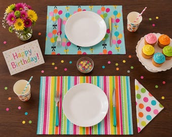 Reversible Birthday Placemat | Balloons, Rainbow Stripes, Cotton Fabric, Party Decor